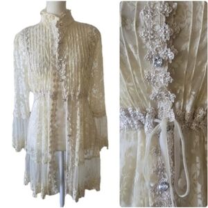 Y2K Ivory Lace Duster/Cardigan With Velvet Ribbon, Rhinestone Button, Adjustable